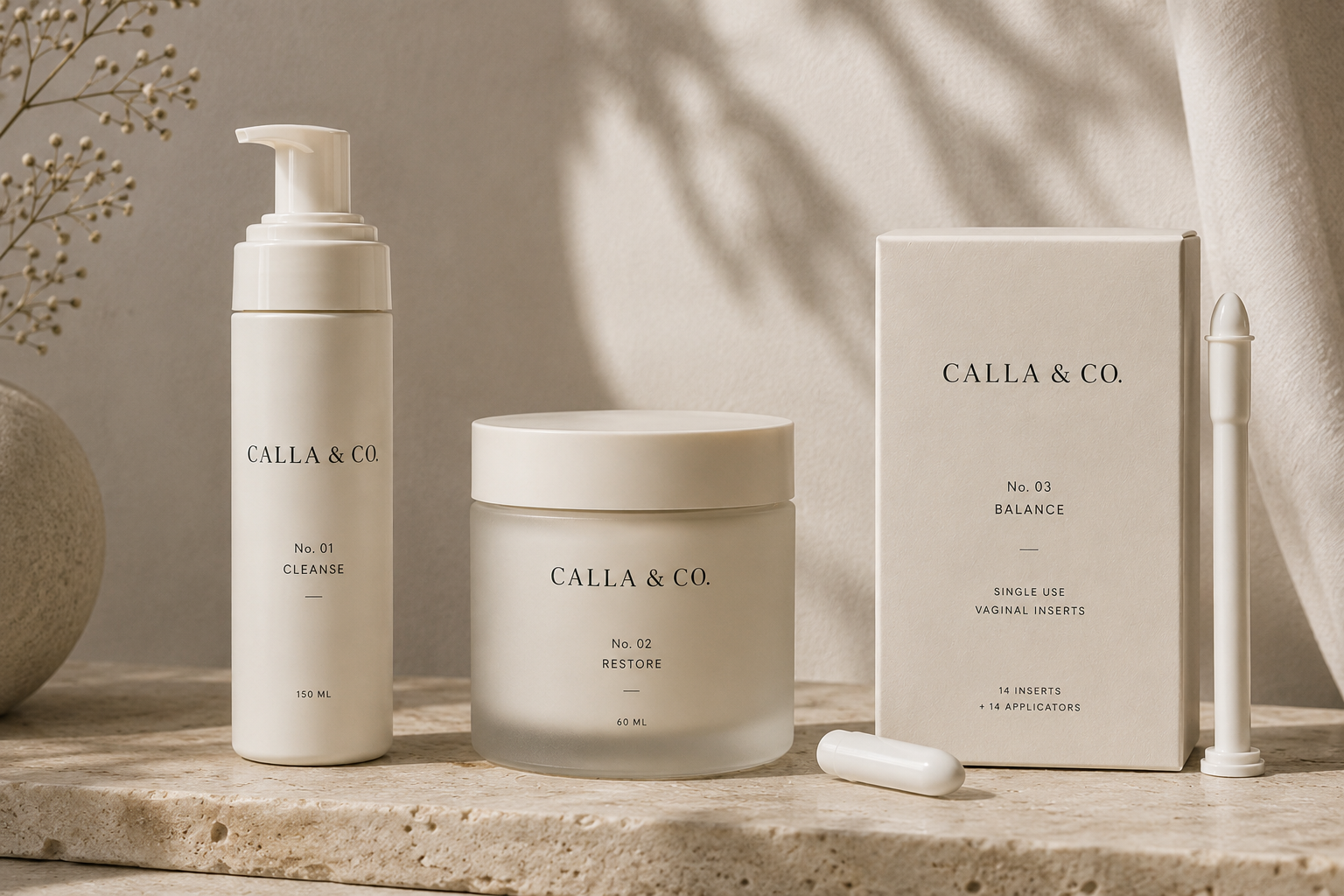Calla & Co. — the Intimate Wellness Collection: botanical cleansing foam, hydrating balm, and single-use vaginal inserts